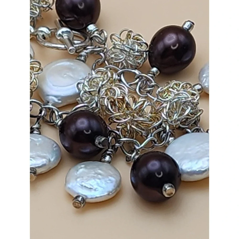 Vtg GENUINE Coin Pearl & Brown Glass Bead Bracelet Silver Wire Balls FREE $HIP!!